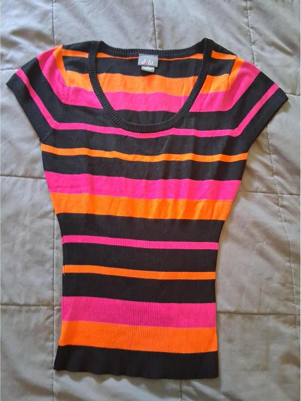 Dots Vintage Vibrant Stripe Top Medium Ribbed Hot Pink Orange Black B2
